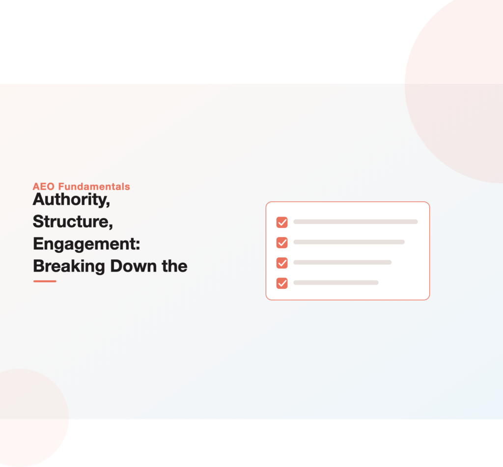 Illustration breaking answer engine optimization into three detailed pillars, authority, structure and engagement, each with its own sub-signals