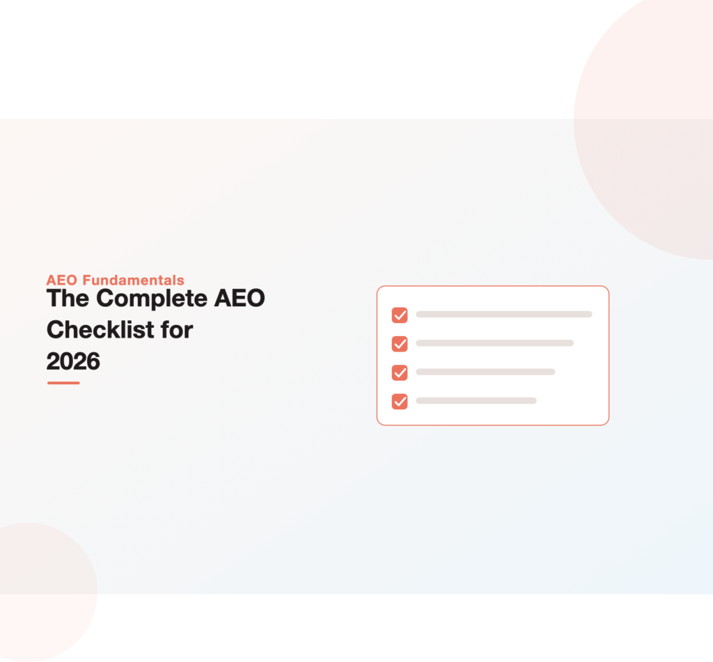 Illustration of a complete AEO checklist marked off across foundations, content, authority and measurement