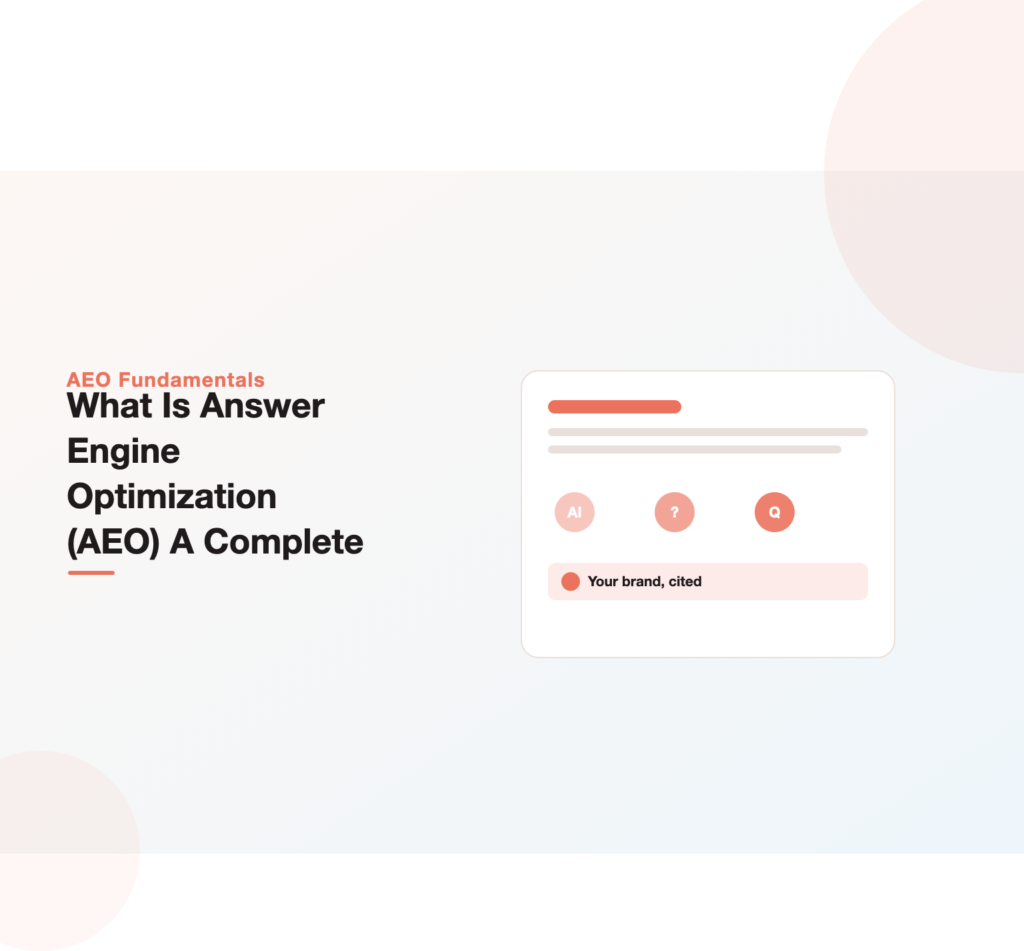 Beginner's illustration explaining what answer engine optimization is, showing a question answered by an AI that names a brand as its source