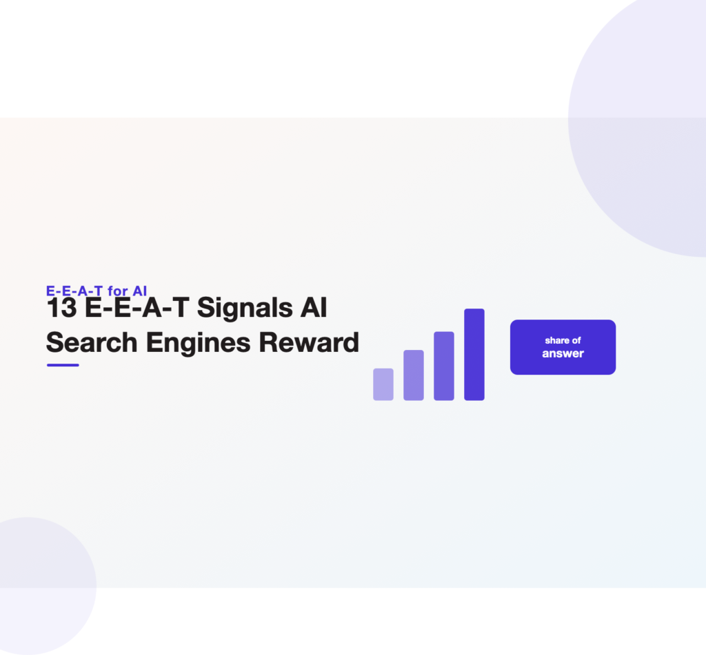 Illustration of the thirteen E-E-A-T signals, experience, expertise, authoritativeness and trust, that AI search engines reward, headlining a 2026 guide from Unified Platforms.