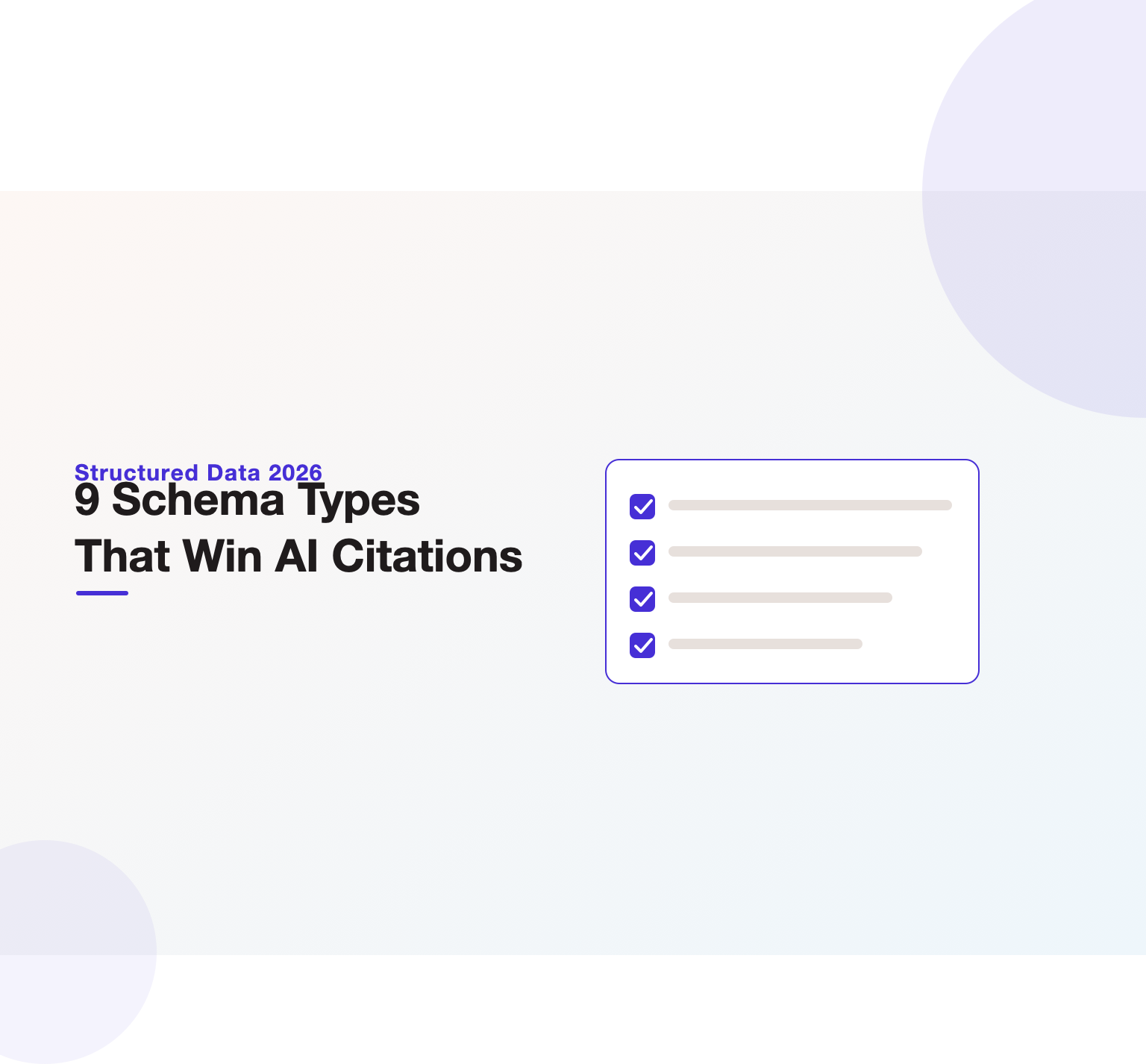 Checklist illustration of the nine schema markup types that help AI engines cite content in 2026, headlining a structured-data guide from Unified Platforms.