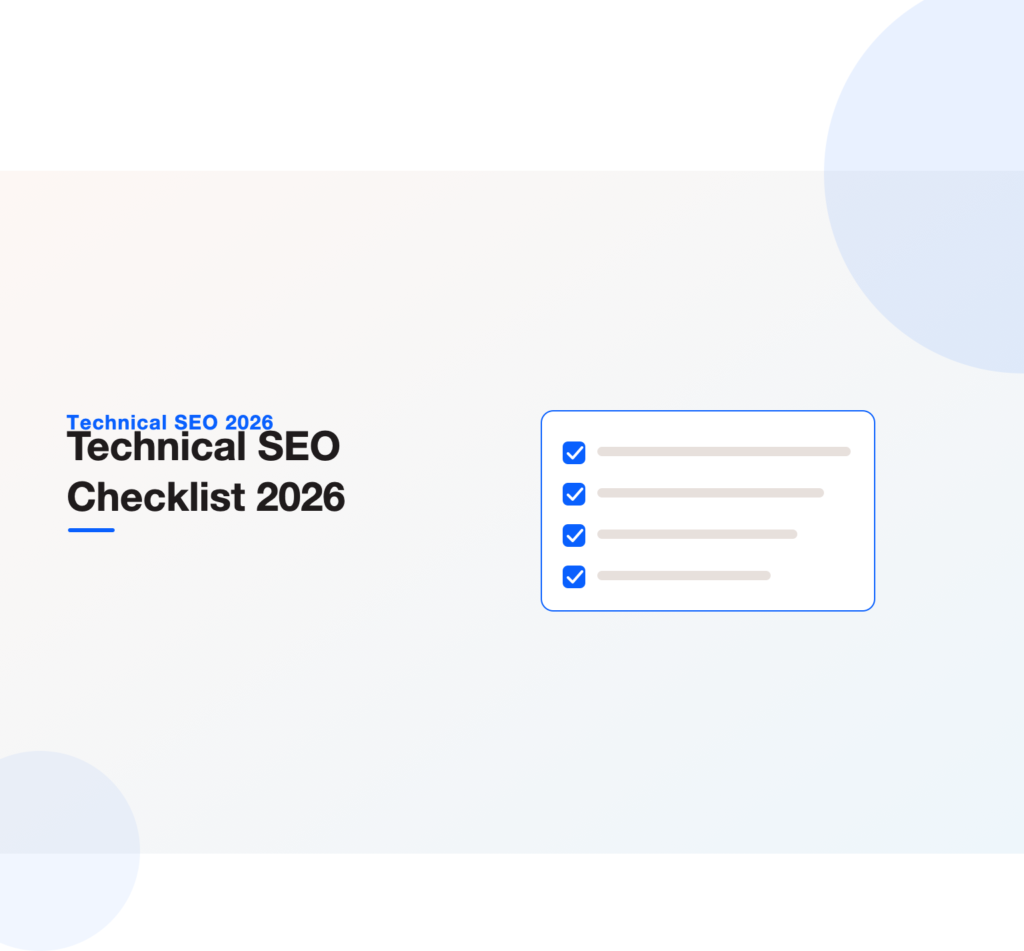Illustration of a technical SEO checklist for 2026 covering crawlability, indexation, Core Web Vitals, and AI crawler access