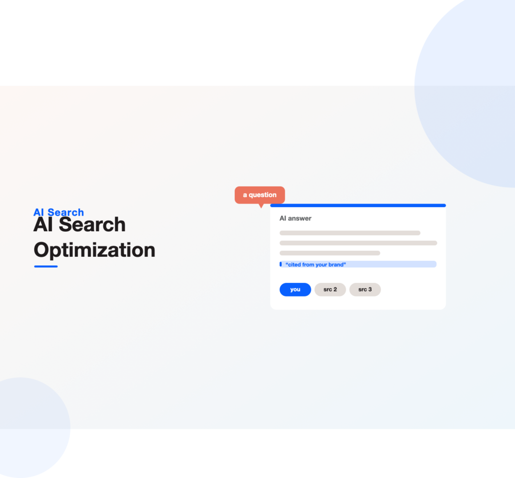 AI answer card with a highlighted quoted line and citation pills showing a brand cited first, illustrating AI search optimization