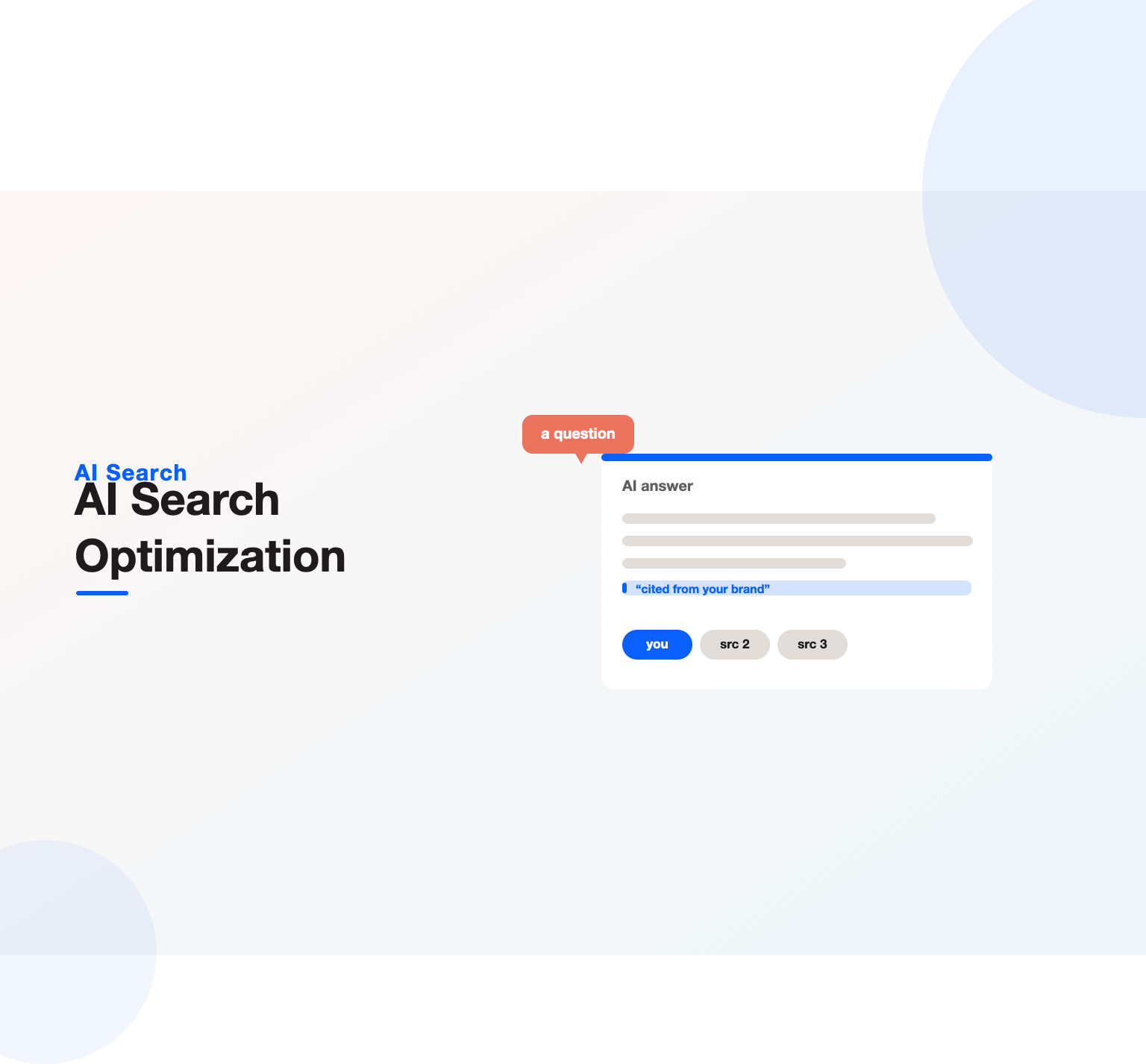 AI answer card with a highlighted quoted line and citation pills showing a brand cited first, illustrating AI search optimization
