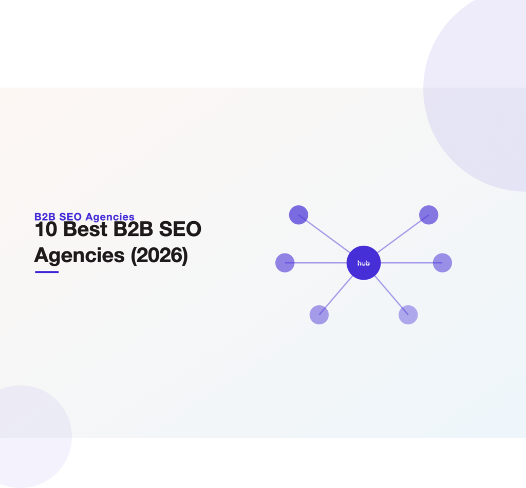 Illustration of ten B2B SEO agencies as a hub-and-spoke ranking, headlining a 2026 buyer-first guide from Unified Platforms.
