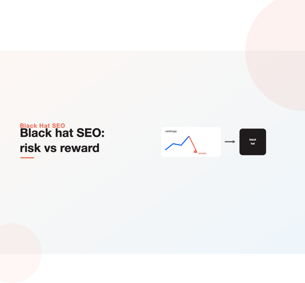 A manipulated ranking spike collapsing into a penalty, next to a black hat icon