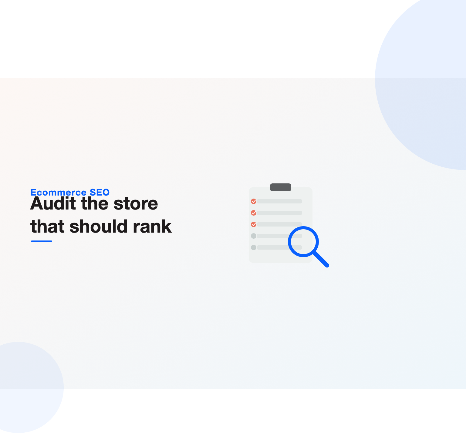 An ecommerce audit checklist on a clipboard with ticks and a magnifier over a store catalog, illustrating an ecommerce SEO audit