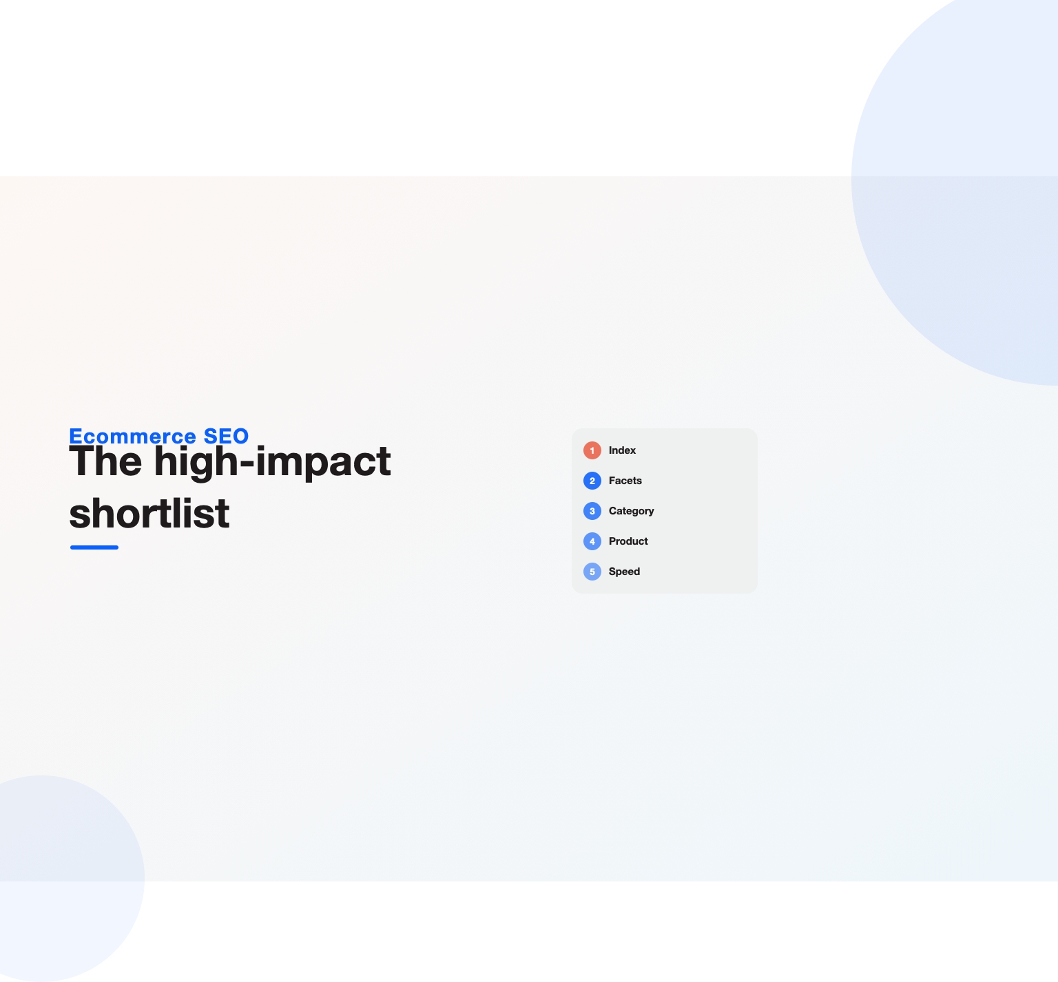 A numbered checklist of ecommerce SEO tips from indexation to speed, illustrating the priority order