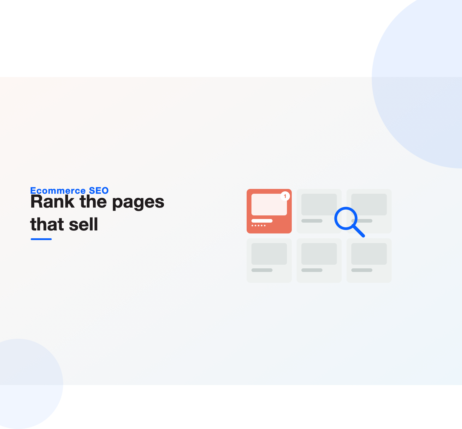 A product catalog grid with the top item ranked number one and five stars beside a search magnifier, illustrating ecommerce SEO