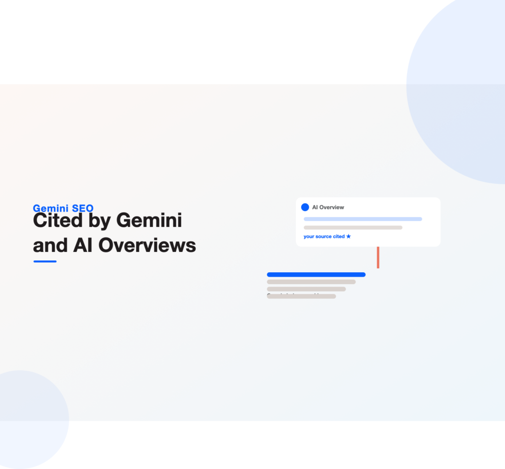 Google ranked results feeding up into a generated AI Overview that cites your source, illustrating Gemini SEO