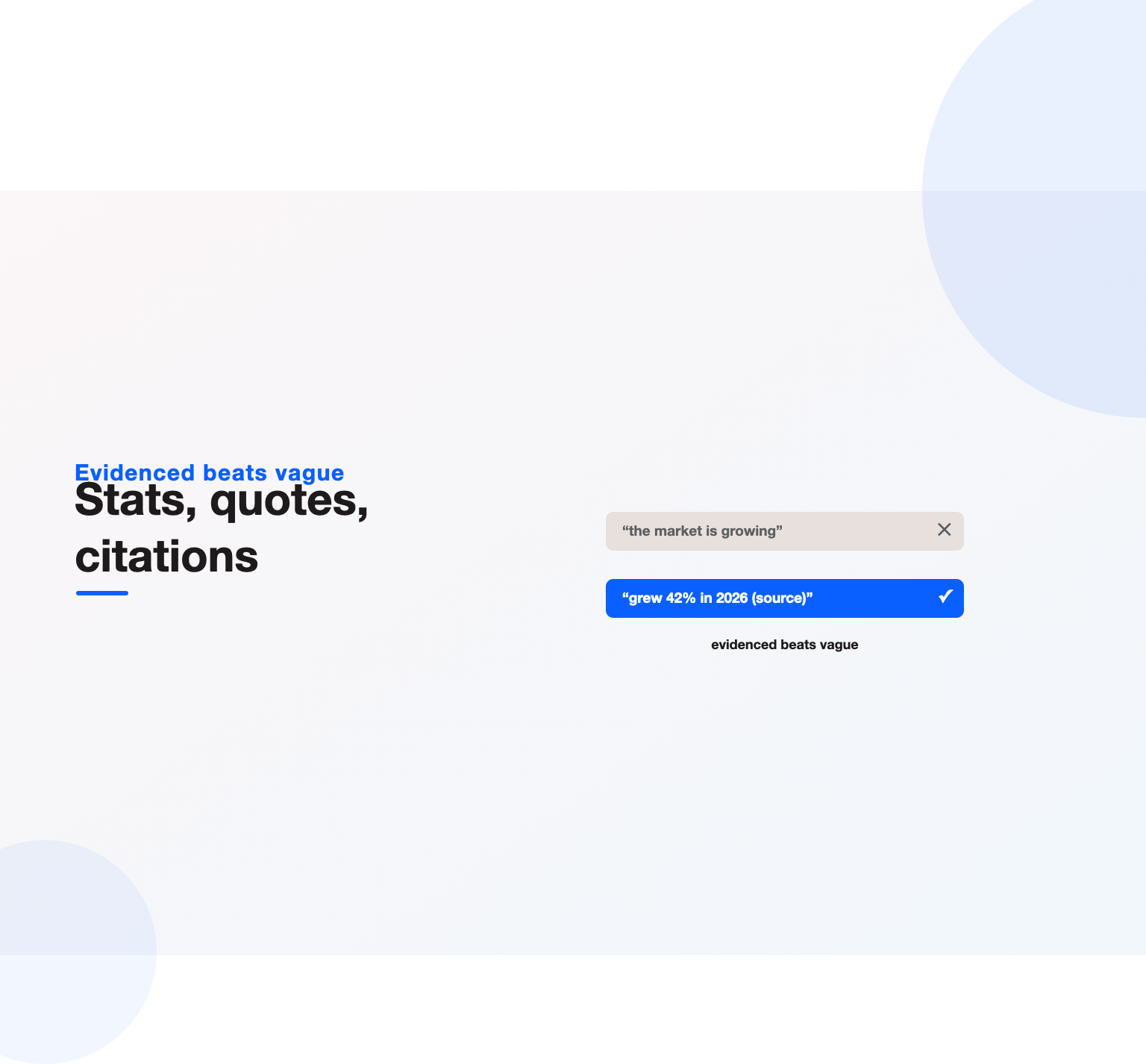 A vague claim marked wrong beside an evidenced, sourced statistic marked right, the core of GEO