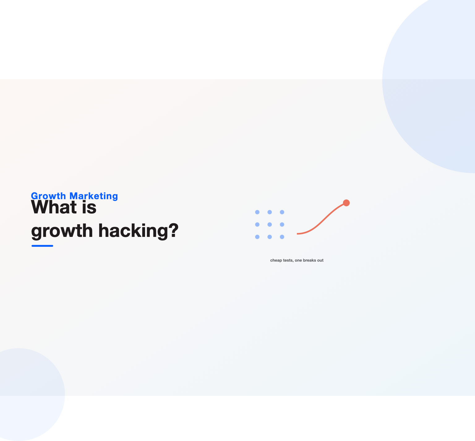 Many cheap test dots with one breaking out into a growth curve, illustrating growth hacking