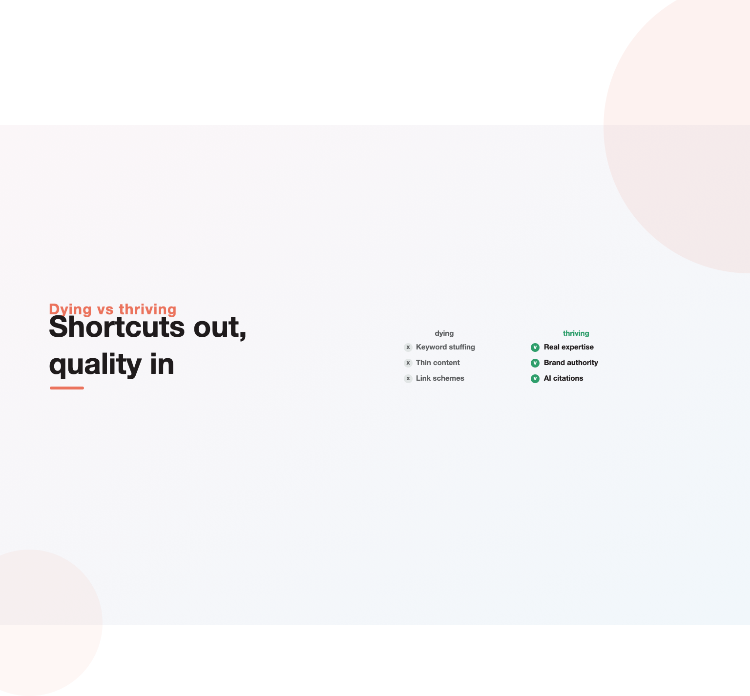 Dying SEO tactics like keyword stuffing beside thriving ones like real expertise and AI citations