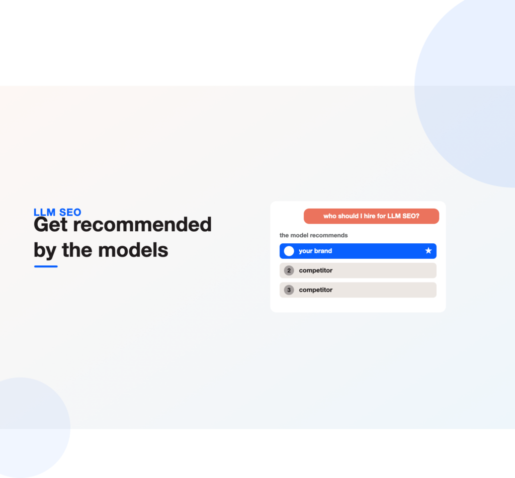 A chat window where a language model returns a ranked recommendation with your brand listed first, illustrating LLM SEO