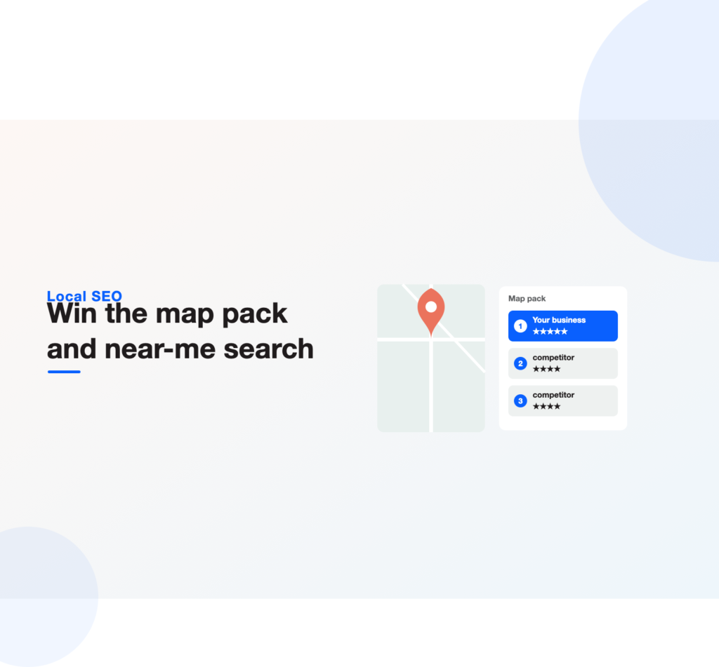 A map with a location pin beside a Google map pack card listing your business first with five stars, illustrating local SEO