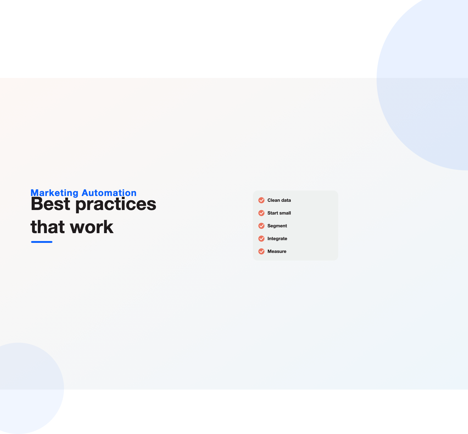 A checklist of marketing automation best practices with ticks: clean data, start small, segment, integrate, measure