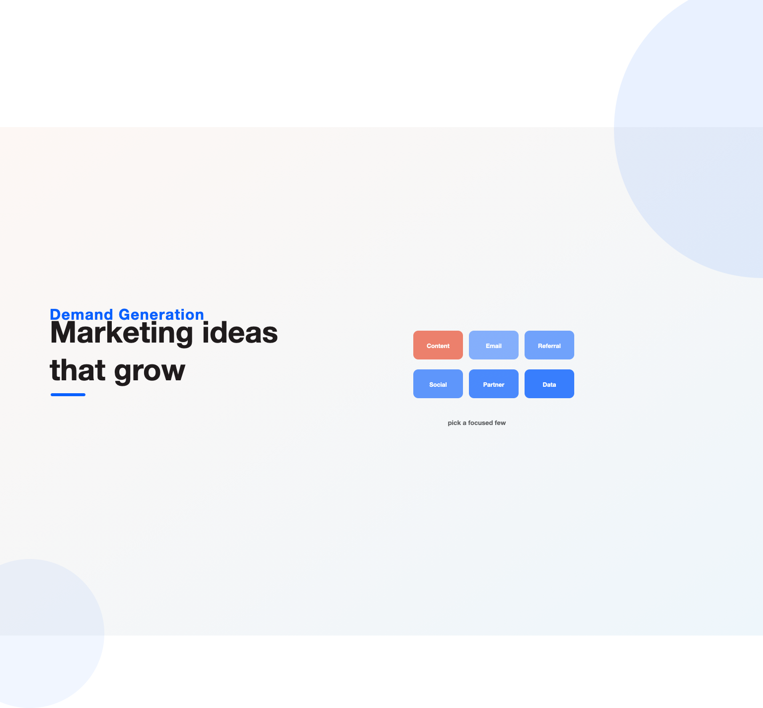A grid of marketing idea tiles with content highlighted, illustrating a shortlist of marketing ideas
