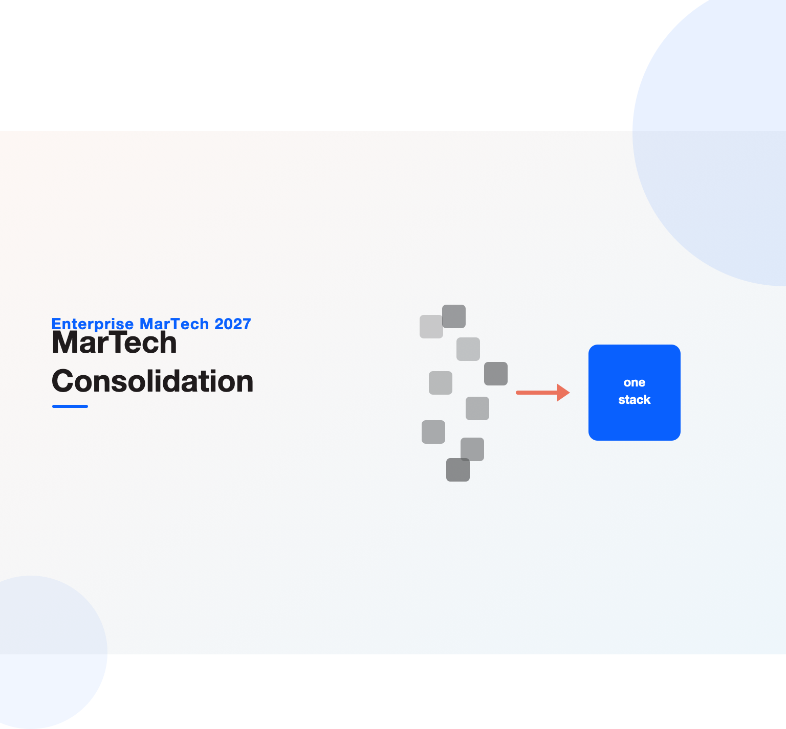 Many scattered tool tiles converging through an arrow into one lean stack block, illustrating martech consolidation