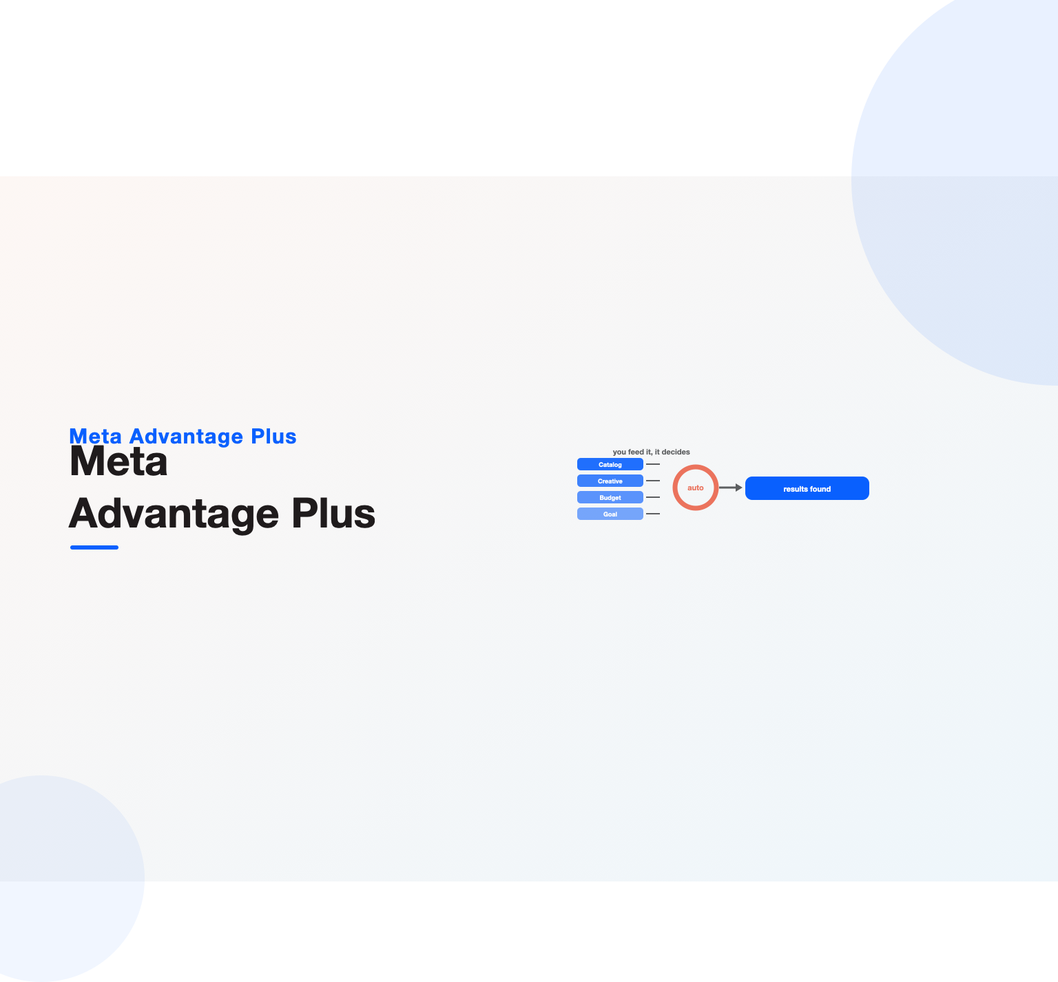 Meta Advantage Plus taking catalog, creative, budget and goal inputs and finding results automatically