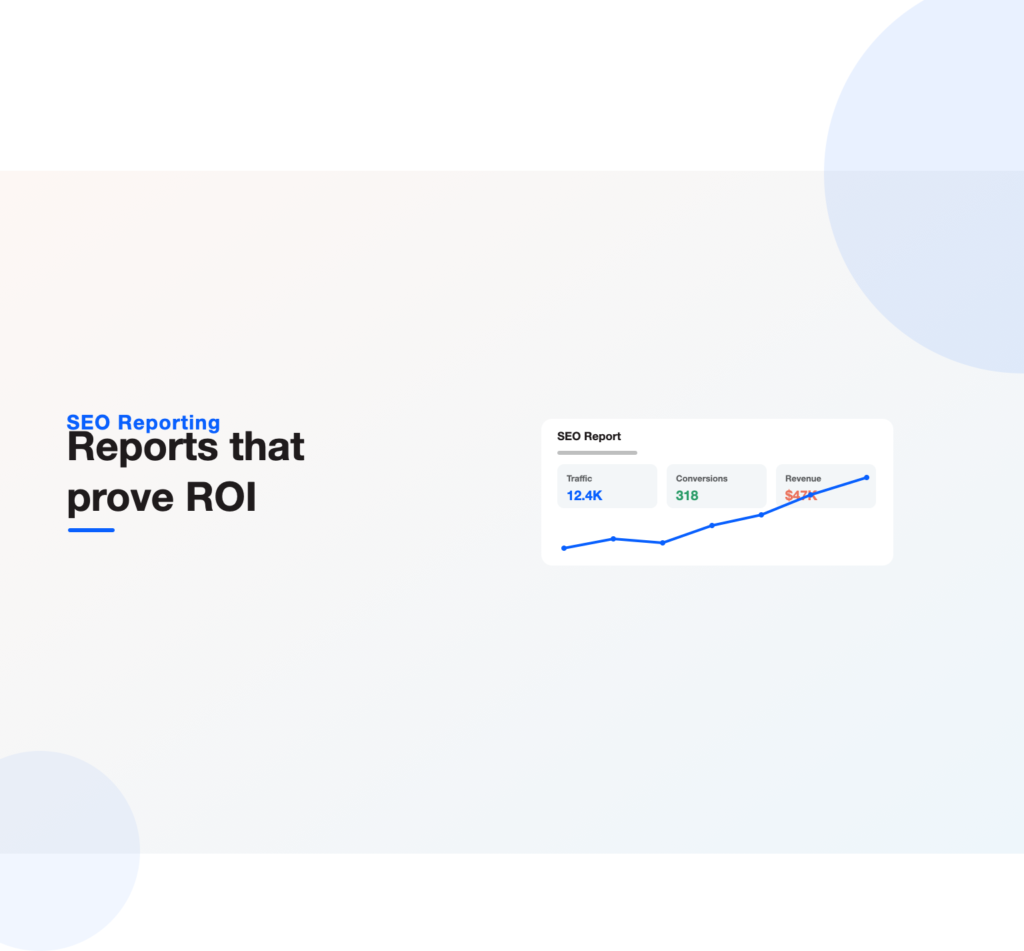 An SEO report dashboard with traffic, conversions, and revenue tiles above a rising trend line, illustrating SEO reporting