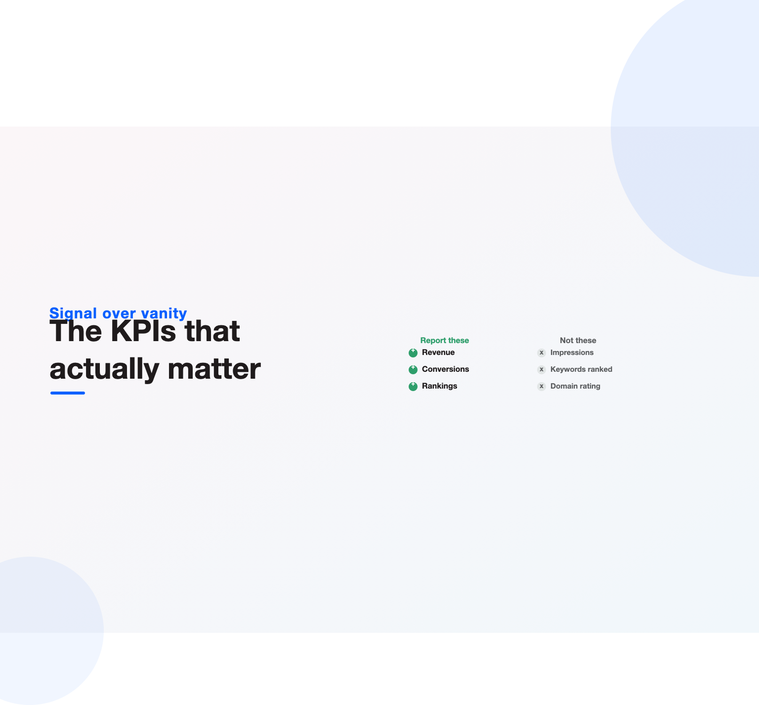 A list of KPIs to report, revenue, conversions, rankings, beside vanity metrics to drop, the focus of good SEO reporting