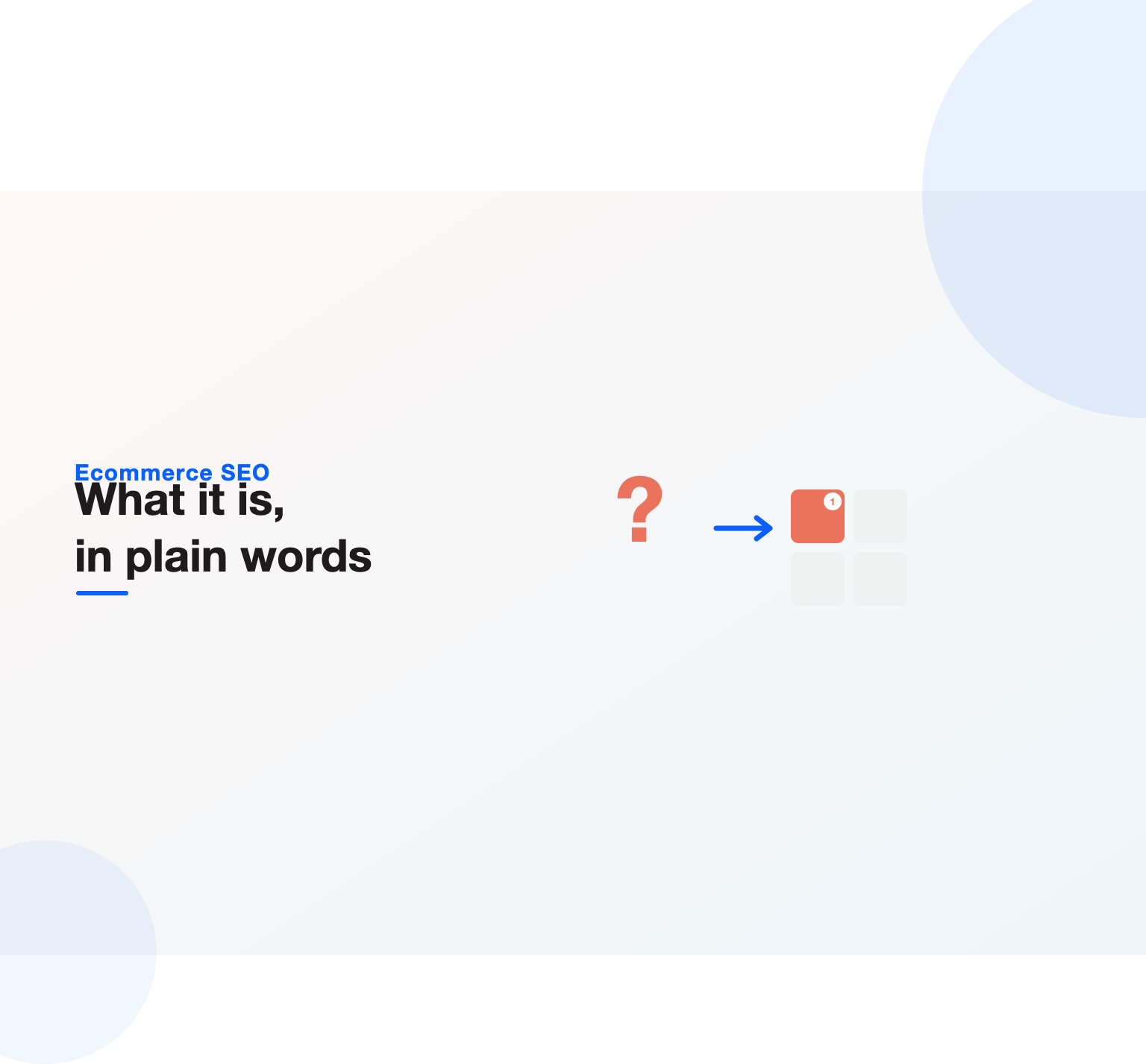 A question mark resolving into a ranked storefront grid with the top product marked number one, illustrating what ecommerce SEO is
