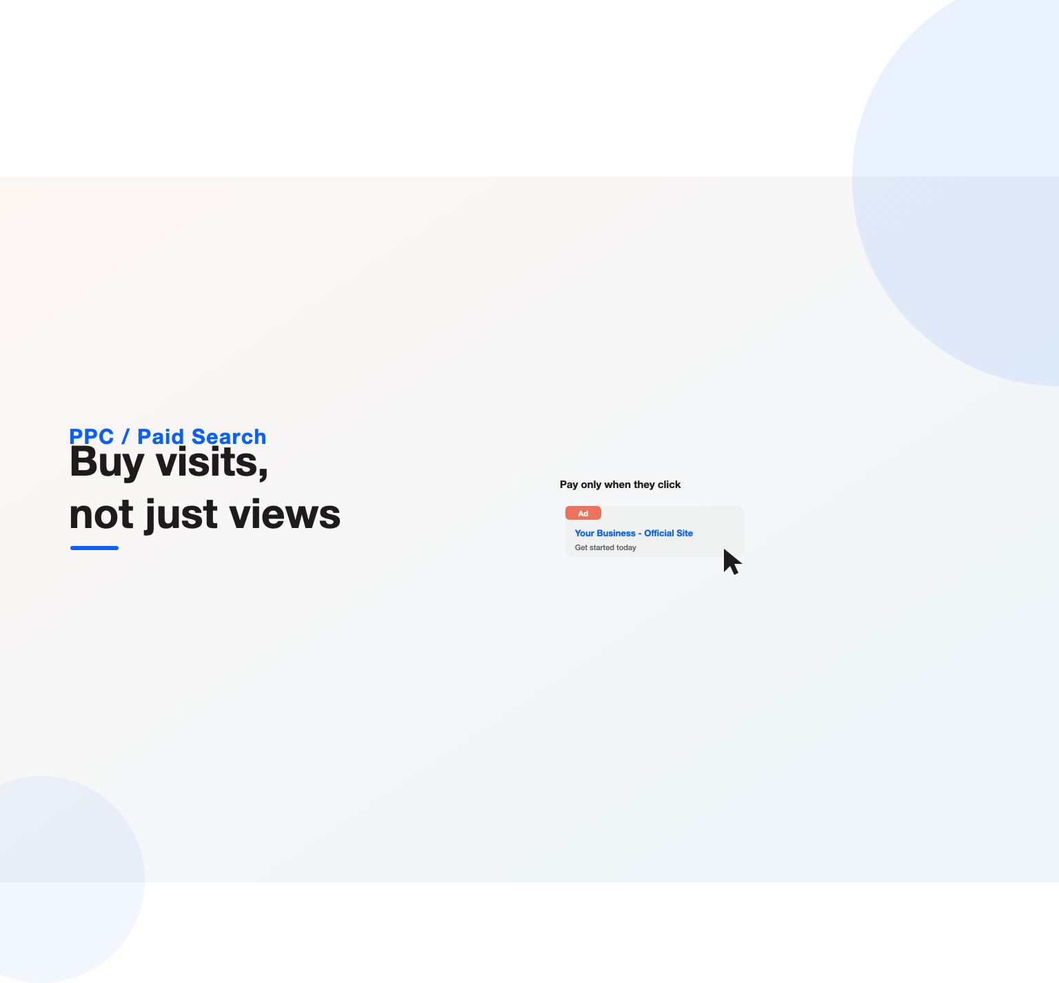 A search ad with a cursor clicking it, illustrating what PPC pay-per-click advertising is