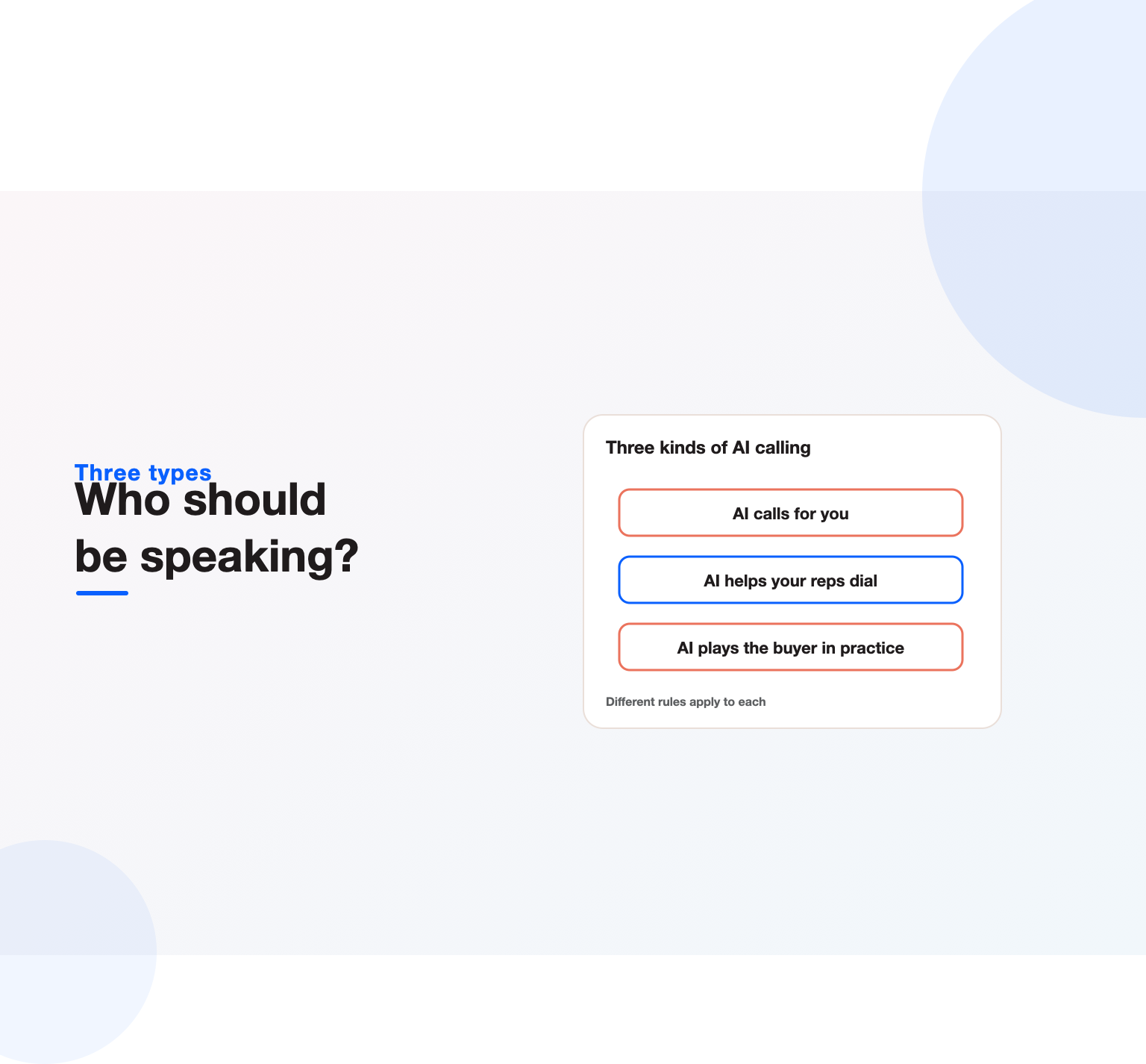 Three kinds of AI cold calling: AI calls for you, AI helps your reps dial, AI plays the buyer in practice