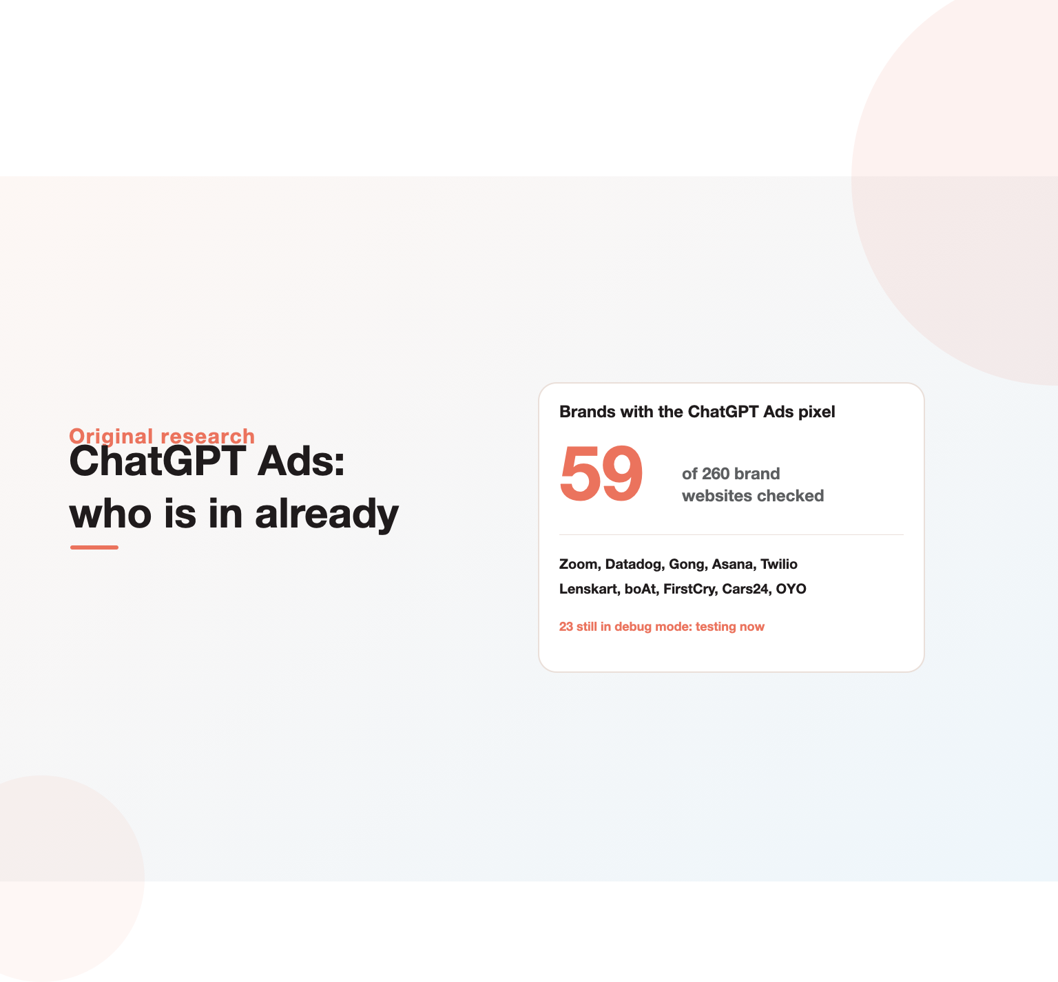 ChatGPT Ads research: 59 of 260 brand websites already have the OpenAI ads pixel, including Zoom, Datadog, Lenskart and boAt