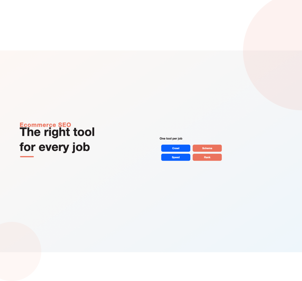 A grid of ecommerce SEO jobs such as crawling, schema, speed, and rank tracking, each matched to a tool