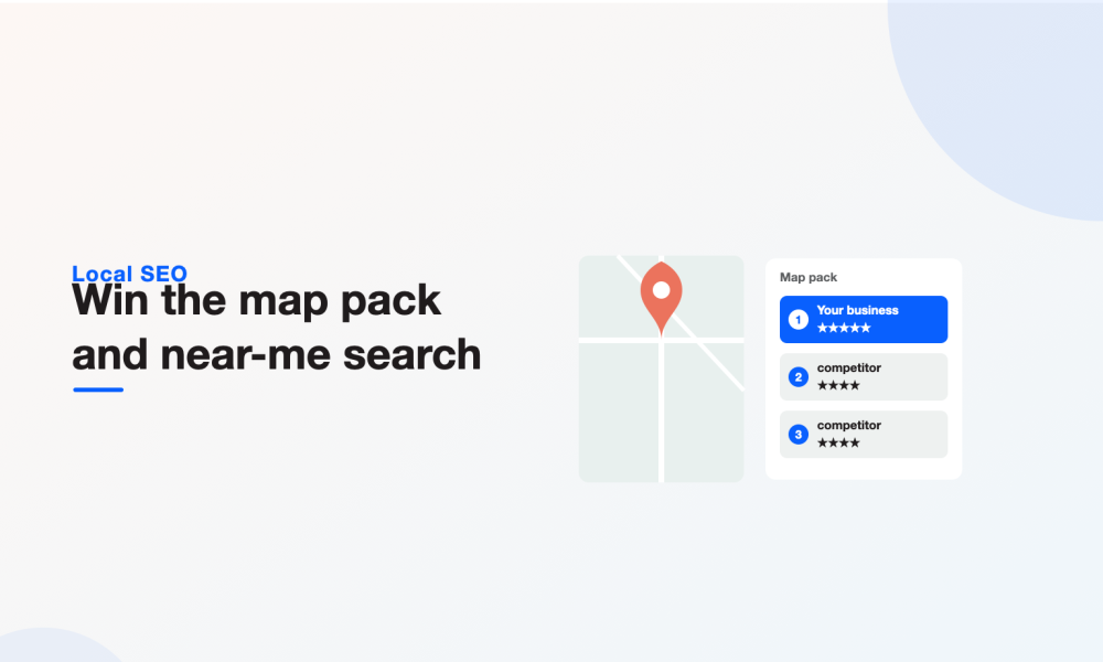 A map with a location pin beside a Google map pack card listing your business first with five stars, illustrating local SEO